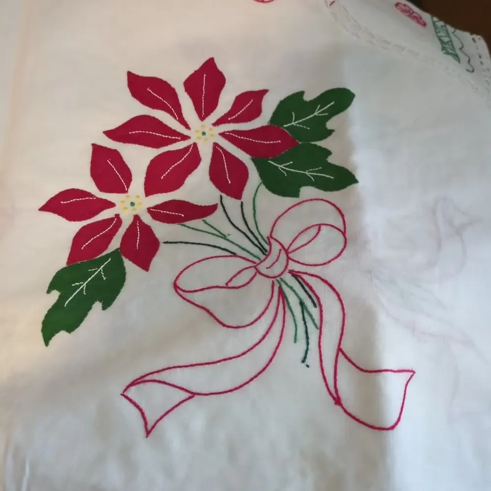 Vintage NWT Christmas Hand Embroidered Tablecloth and 12 Napkins Never Used